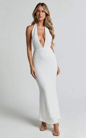 Showpo Ada Maxi Dress - Halter Plunge Textured Jersey Open Back Dress White | XPKZWO728