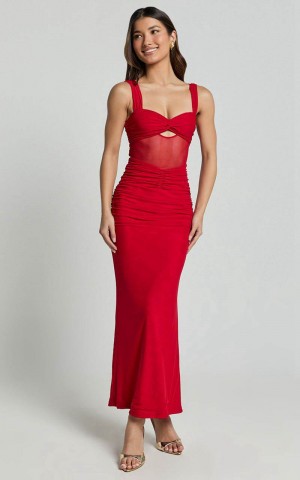 Showpo Adalee Midi Dress- Sheer Panel Ruched Bust Dress Red | ZVQBOU038