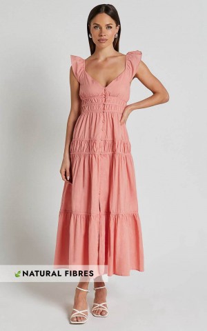 Showpo Addi Midi Dress - Button Front Plunge Neck Short Flutter Sleeve Tiered Peach Fuzz | VLNUMI054