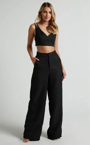 Showpo Adelaide Two Piece Set - Crop Top And Wide Leg Pants Set Black | ICJVYX507