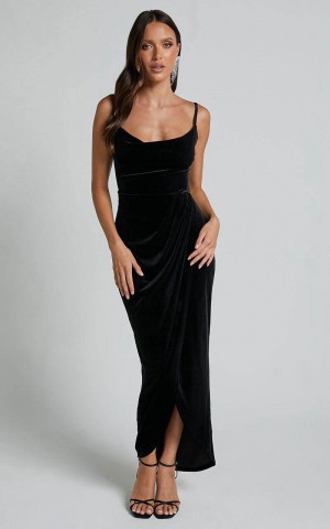 Showpo Adeline Midi Dress - Velvet Cowl Neck Drape Dress Black | BMPKCQ482