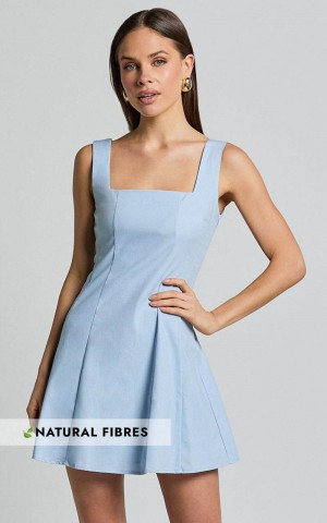 Showpo Adiana Mini Dress - Linen Look Square Neck Shirred Back A Line Dress Pale Blue | KUBNTA601