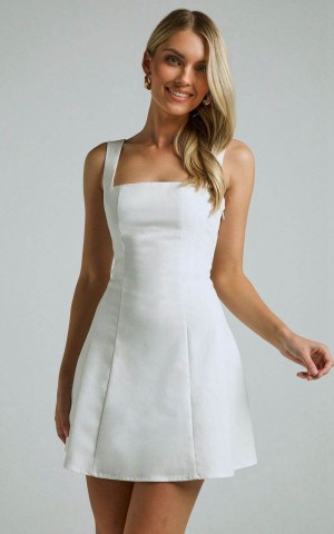 Showpo Adiana Mini Dress - Linen Look Square Neck Shirred Back A Line Dress Off White | LJCBOT436