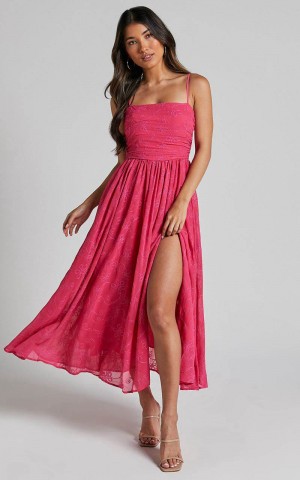 Showpo Adina Midi Dress - Embroidered Strappy Straight Neck Ruched Bodice Dress Pink | IMCADE954