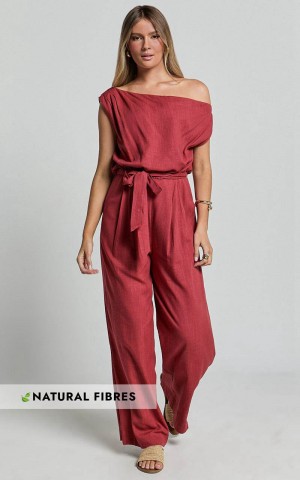 Showpo Adria Jumpsuit - Asymmetrical Short Sleeve Linen Look Jumpsuit Clay | VDXQBC065