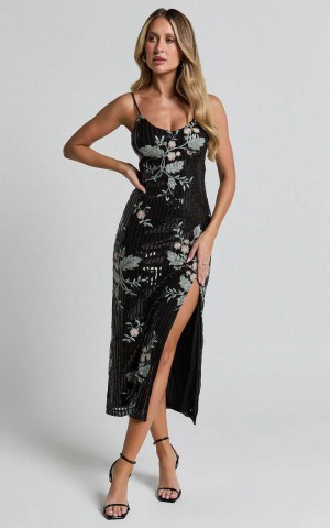 Showpo Adrienne Midi Dress - Sequin Embroidered Slip Dress Black | YGXVMU635