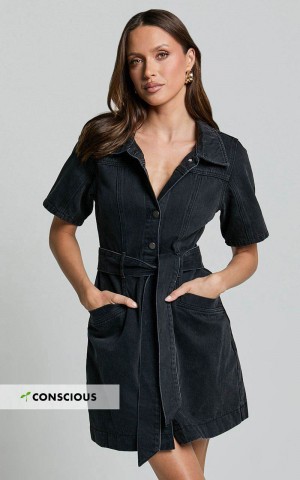 Showpo Aelicia Mini Dress - Button Through Denim Dress Washed Black | LQYJMV417