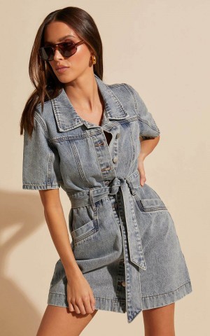 Showpo Aelicia Mini Dress - Button Through Denim Dress Mid Blue Wash | GIUPZS780