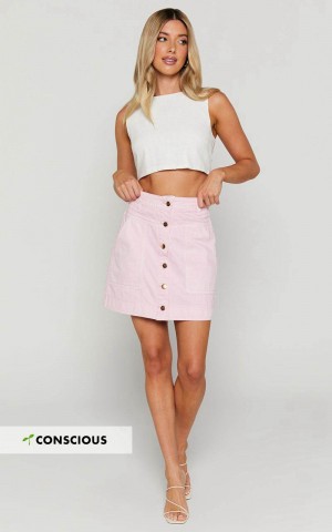 Showpo Aeza Mini Skirt - Button Fly Denim Skirt Pink | OFYBHK206