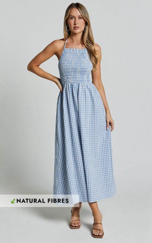 Showpo Aimie Midi Dress - Strappy Halter Neck Shirred Top Blue Gingham Check | DVHGMK739