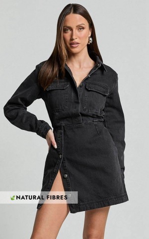 Showpo Ainsley Mini Dress - Button Through Long Sleeve Denim Dress Washed Black | JDCIPX704