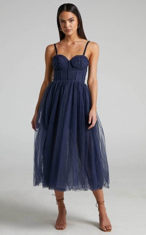 Showpo Aisha Midi Dress - Bustier Bodice Tulle Dress Navy | WYDFUK602