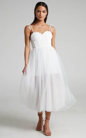 Showpo Aisha Midi Dress - Bustier Bodice Tulle Dress White | CHQNZJ385