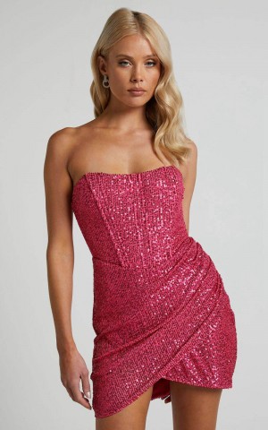 Showpo Akhira Mini Dress - Corset Detail Strapless Sequin Dress Pink | LYCHOK851