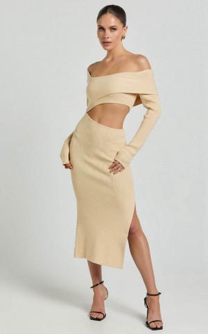 Showpo Alabama Midi Dress - Off One Shoulder Asymmetric Long Sleeve Knit Dress Sand | MBKIYW746