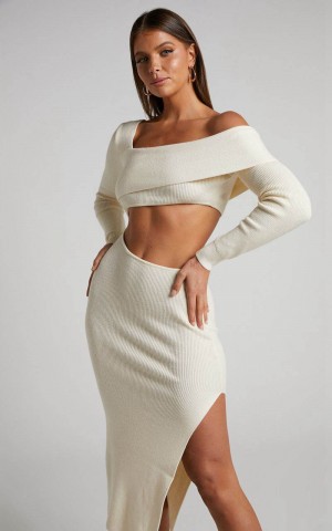 Showpo Alabama Midi Dress - Off One Shoulder Asymmetric Long Sleeve Knit Dress Beige | BAIEZK684