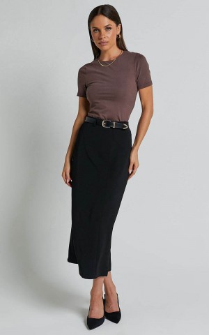 Showpo Alanna Midi Skirt - High Waisted Back Split Pencil Skirt Black | QSYMNU578