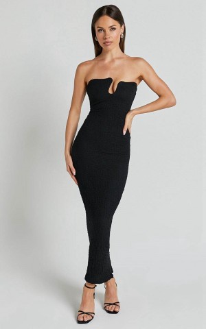 Showpo Alberta Maxi Dress- Strapless Bust Detail Textured Dress Black | ZYJGPA314