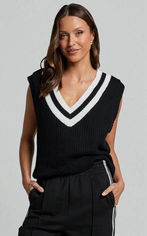 Showpo Aleona Top - V Neck Sleeveless Knit Sweater Vest Black | ISWOPC618