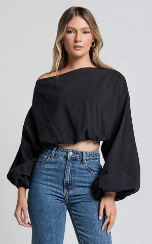 Showpo Alesia Top - Asymmetrical Boat Neck Elastic Hem Crop Top Black | PALTWK513