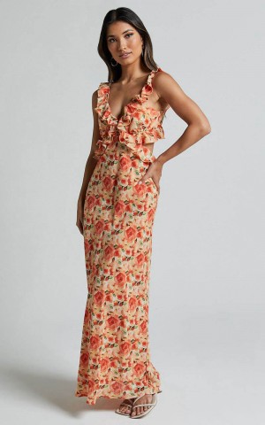 Showpo Alessa Midi Dress - V Neck Frill Detail Empire Waist Back Cut Out Dress Peach Floral | SWZIRF817