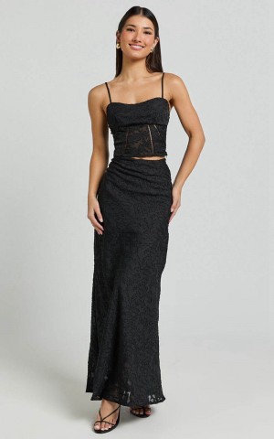 Showpo Alessandra Two Piece Set - Textured Jacquard Cami Top And Maxi Skirt Set Black | FIZSWY185