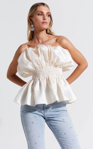 Showpo Alessia Top - Strapless Bubble Peplum Top Cream | ZBLIYT328