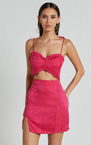 Showpo Alexina Two Piece Set - Bustier Crop & Mini Skirt Jacquard Set Hot Pink | BRYDGF149