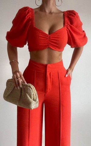 Showpo Aleydise Two Piece Set - Puff Sleeve Gathered Crop Top And Pants Set Burnt Orange | HLTOEJ067