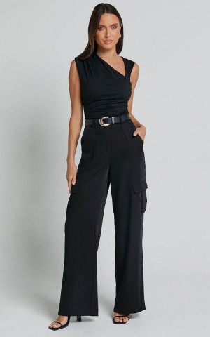 Showpo Alfreda Pants - High Waisted Cargo Straight Leg Pants Black | SXYUDL296