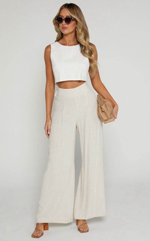 Showpo Alina Pants - Linen Look High Waisted Wide Leg Relaxed Pants Natural | UXVFCE681