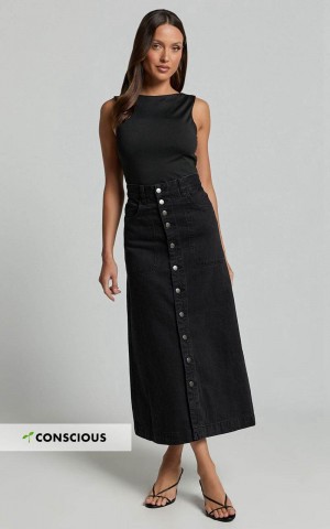 Showpo Alisa Midi Skirt - Button Through A Line Denim Black Wash | HPEXRZ618