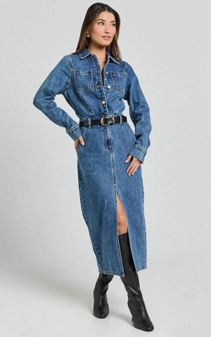 Showpo Alison Midi Dress - Long Sleeve Front Split Denim Dress Mid Blue Wash | BYVJDR720