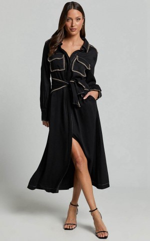 Showpo Ally Midi Dress - Collared Button Through Long Sleeve Tie Dress Black | TPMFYI246