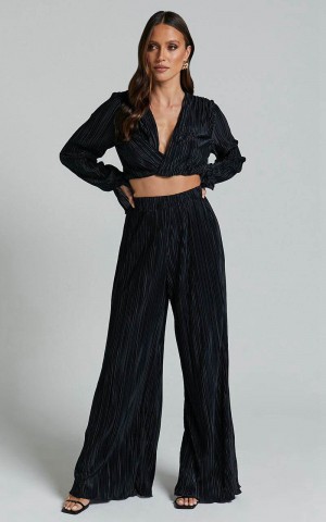 Showpo Aluna Two Piece Set - Plisse Twist Front Crop Top And Wide Leg Pants Set Black | VFLTRU092