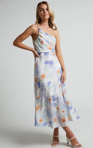 Showpo Alyssia Midi Dress - One Shoulder Ruched Satin Dress Blue Floral | SAMXKF816