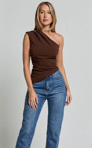 Showpo Amal Top - Asymmetrical One Shoulder Gathered Top Chocolate | KPVSCD927