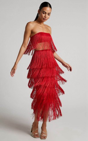 Showpo Amalee Two Piece Set - Fringe Strapless Crop Top And Midi Skirt Set Red | QKTZJG264