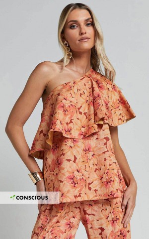 Showpo Amalie The Label - Aiko Linen Blend One Shoulder Frill Top Valencia Print | AHWYOV025