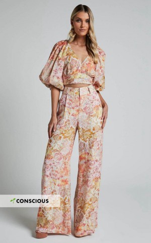 Showpo Amalie The Label - Aldina Linen Blend High Waisted Belted Straight Leg Pants Morocco Print | XMZKVS946