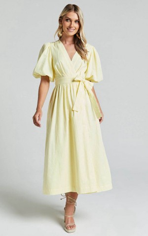 Showpo Amalie The Label - Franc Linen Puff Sleeve Wrap Midi Dress Lemon | XNFEVC106