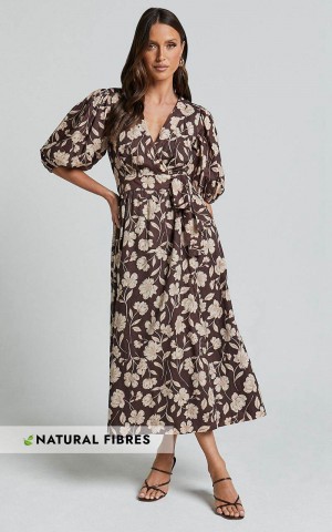 Showpo Amalie The Label - Francie Linen Blend Puff Sleeve Wrap Midi Dress Sahara Print | EGJYIT791