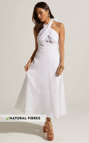 Showpo Amalie The Label - Freesia Linen Blend Halter Tie Neck Midi Dress White | YQNBHZ432