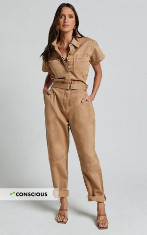 Showpo Amalie The Label - Havanah Recycled Cotton Denim Boiler Jumpsuit Tobacco | ZQPHWC695