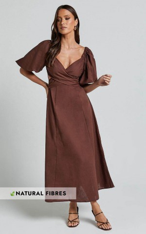 Showpo Amalie The Label - Janae Linen Blend Puff Sleeve Cut Out Midi Dress Chocolate | RHUNMF627