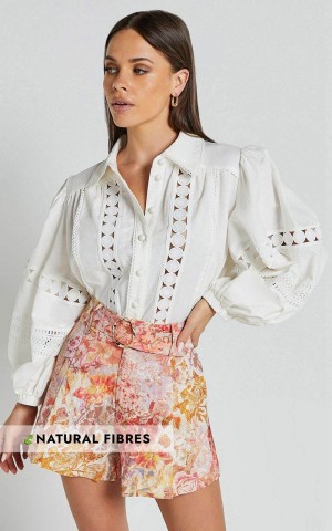 Showpo Amalie The Label - Julessa Linen Blend Puff Sleeve Lace Detail Blouse White | HJORQZ490