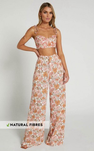 Showpo Amalie The Label - Lorete Linen Blend High Rise Wide Leg Pants Wildflower Floral | PLJUXZ835