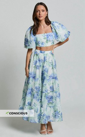 Showpo Amalie The Label - Rosa Crop Top And Tiered Maxi Skirt Two Piece Set Elysian Print | TOJEHN237