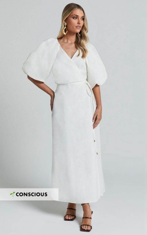 Showpo Amalie The Label - Santana Linen Blend Puff Sleeve Wrap Midi Dress White | ZVIPJQ614