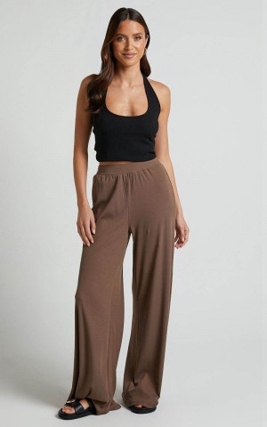 Showpo Amalthea Pants - High Waisted Jersey Rib Wide Leg Pants Mocha | TBORGZ562